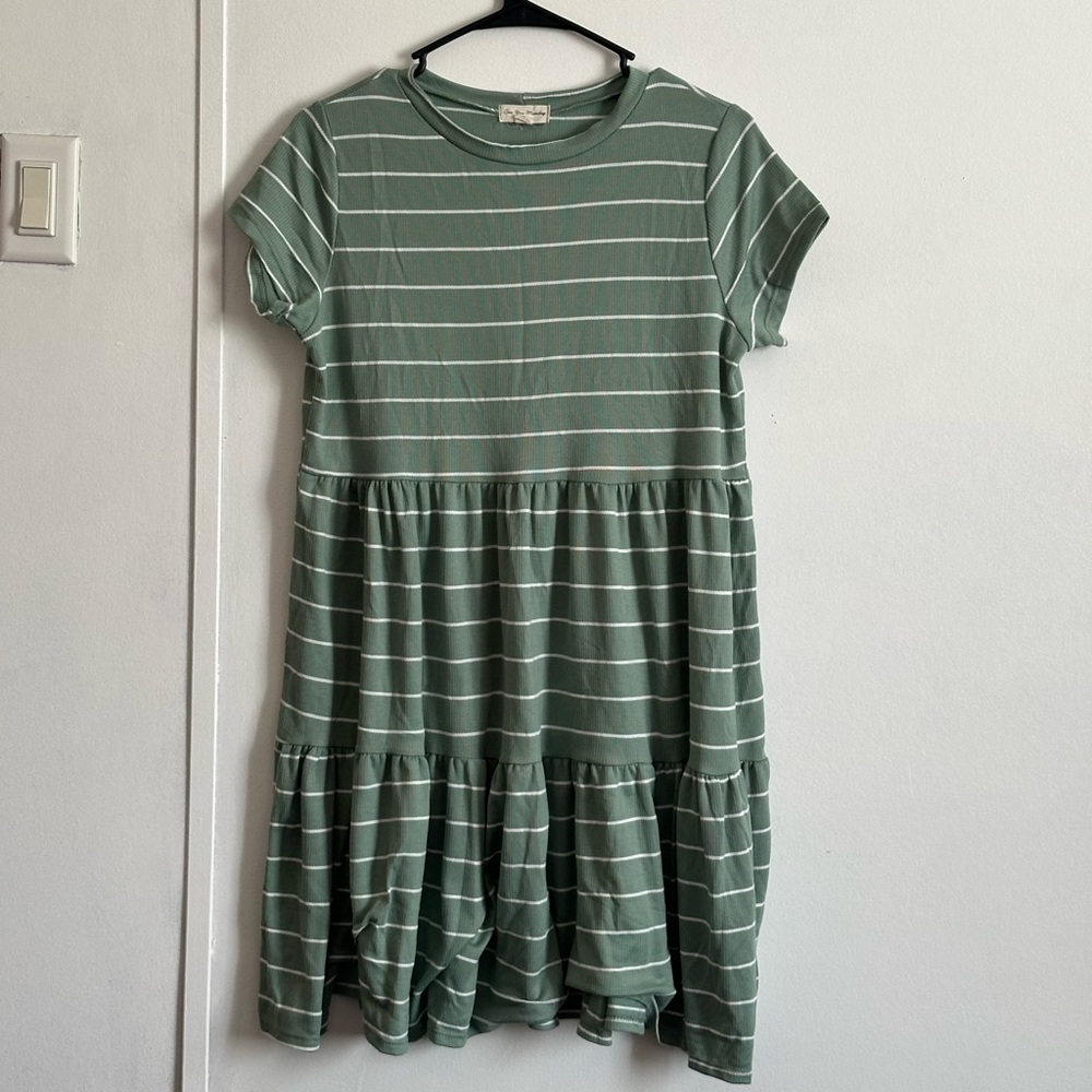 See You Monday Sage Green & White Striped Tiered Knit Dress
